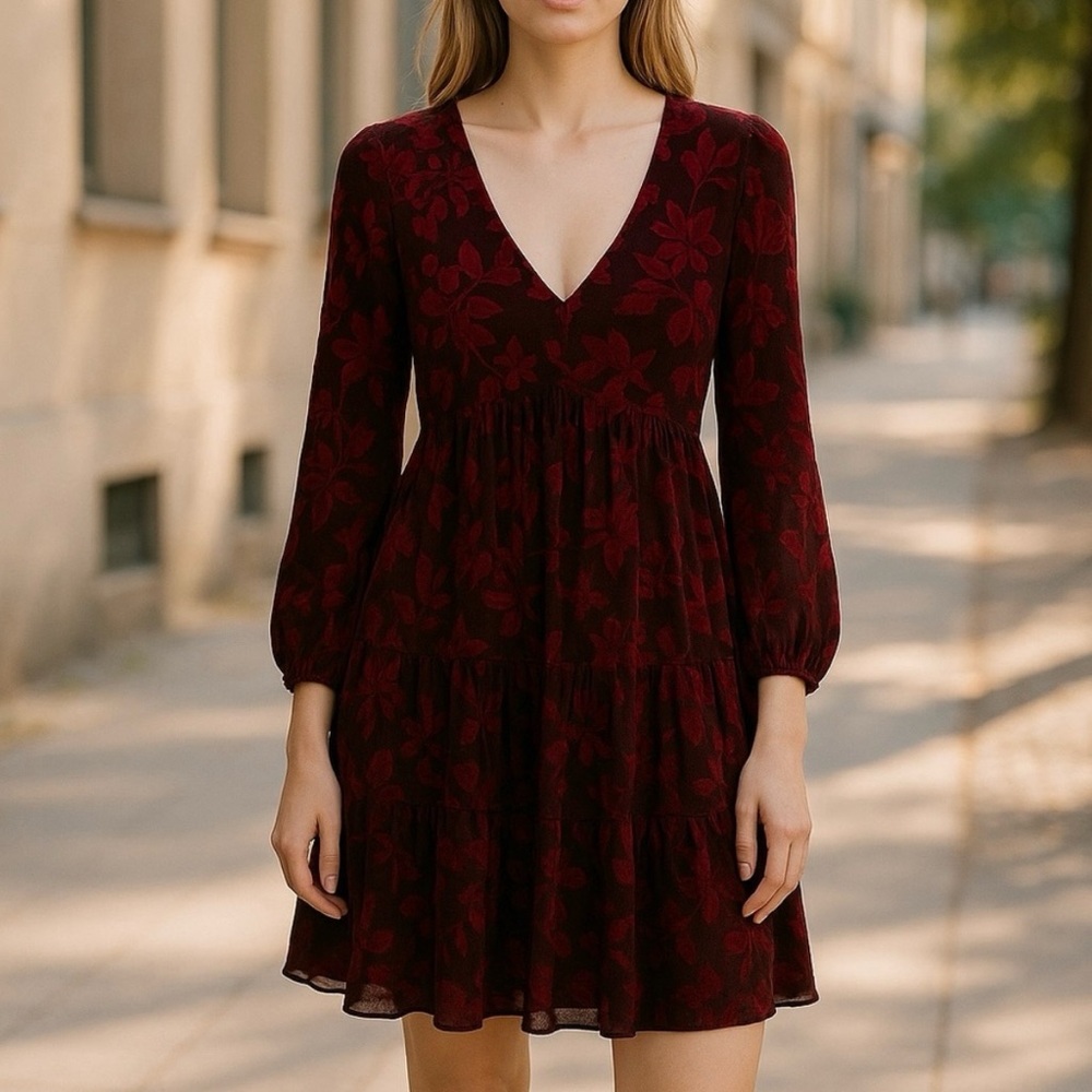 Taylor Burgundy Velvet Floral Long Sleeve Dress
